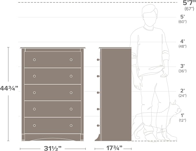 Prepac Sonoma Rustic 5-Drawer Tall Dresser for Bedroom, Farmhouse Dresser Chest of Drawers 17.75" D x 31.5" W x 44.75" H, Drifted Gray