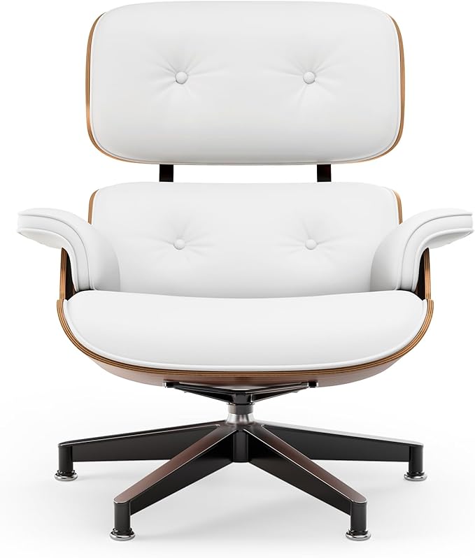 Top White PU Leather, Mid Century Chaise Lounge Chair and Ottoman, Modern Chair Classic Design, Palisander Wood, Heavy Duty Base Support for Living Room Office