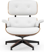 Top White PU Leather, Mid Century Chaise Lounge Chair and Ottoman, Modern Chair Classic Design, Palisander Wood, Heavy Duty Base Support for Living Room Office