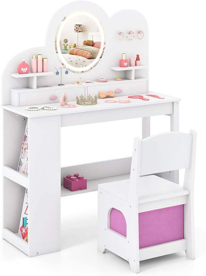 HONEY JOY Kids Vanity with Lights and Open Bookshelf, Cloud Princess Makeup Dressing Desk, Drawers, Wooden Pretend Play Toddler Vanity Table & Chair Set with Lighted Mirror for Little Girls (White)