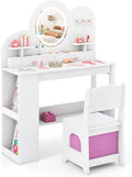 HONEY JOY Kids Vanity with Lights and Open Bookshelf, Cloud Princess Makeup Dressing Desk, Drawers, Wooden Pretend Play Toddler Vanity Table & Chair Set with Lighted Mirror for Little Girls (White)