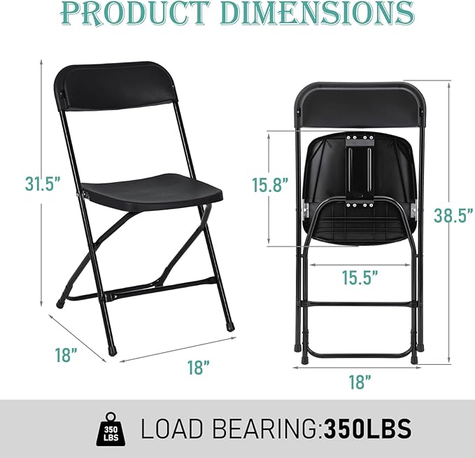 60 Pack Plastic Black Folding Chairs, Portable Stackable Commercial Party Folding Chairs with Steel Frame 350lbs for Home Office Outdoor Indoor Office Wedding Party Event