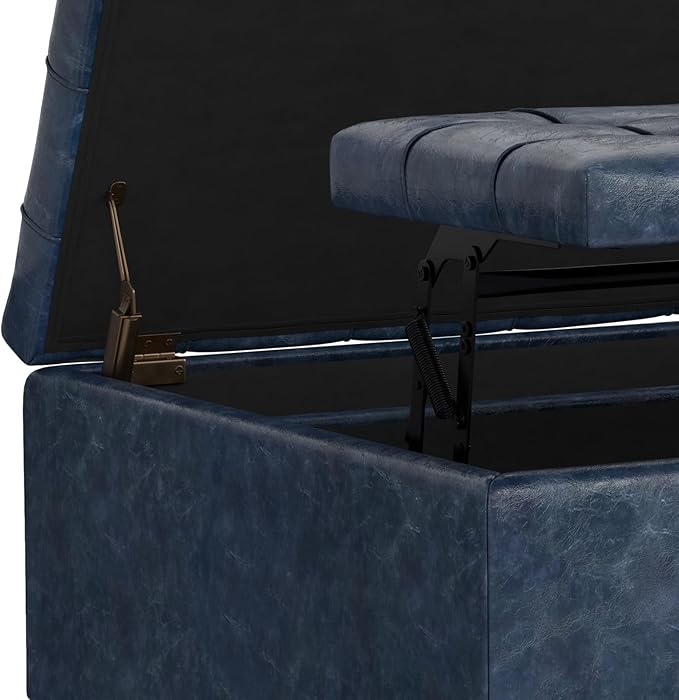 SIMPLIHOME Harrison 30 inch Wide Transitional Square Small Coffee Table Storage Ottoman in Denim Blue Vegan Faux Leather, Assembled, for The Living Room and Bedroom