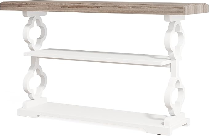 Tribesigns Farmhouse Console Table, 55 inch Long Sofa Table with Storage Shelves, 3 Tier Wood Accent Entry Table for Hallway, Entrance, Living Room, Foyer, Grey and White