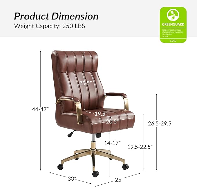 HULALA HOME Modern Executive Office Chair, Faux Leather Tufted Ergonomic Desk Chair with Gold Plated Base & Armrests, 360° Swivel Adjustable Height Tilt Home Office Chair for Work/Study