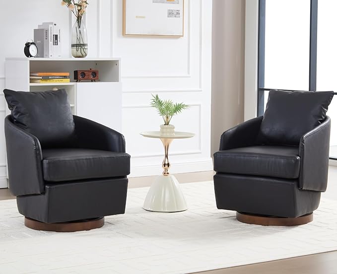 CIMOTA PU Leather Swivel Accent Chair, Modern Barrel Armchair with 360° Swivel Base and Pillow, Upholstered Club Chair for Living Room/Reading/Office, Black