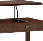 SIMPLIHOME Artisan Coffee Lift Top Table - 46 inch Wide Solid Wood Contemporary Cocktail Table in Russet Brown, Living Room with Hidden Storage Compartment, Open Shelf, and Square Knobs