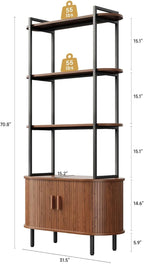 71" Tall Fluted Bookshelf with Sliding Tambour Doors, 4-Tier Mid Century Modern Metal Bookcase Cabinet w/Open Display Storage Shelf, Display Cabinet for Office, Living Room Walnut