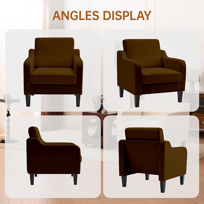 Accent Chair for Living Room, Modern Velvet Living Room Chairs with Wide Backrest, Upholstered Comfy Chair with Cushion, Oversized Sofa Chairs with Wood Legs, Single Armchairs, Brown