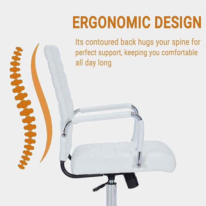 Sidanli Ergonomic Desk Chairs, Executive Swivel Faux Leather Mid Back Chair with Comfortable Lumbar Support and Smooth Rolling Wheels for Office, White