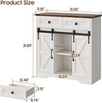 Farmhouse Storage Cabinet With Sliding Barn Doors and Drawers for Bathroom, Kitchen, Living Room - Rustic Style Floor Storage, White