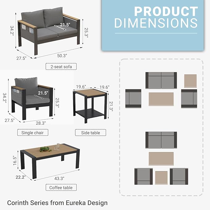 Corinth 5-Piece Aluminum Patio Conversation Set - Outdoor, Porch, Balcony, Yard, Gardern, All Weather Furniture Set with Loveseat Sofa, Grey