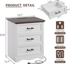 White Nightstand with Charging Station, 19.7" Farmhouse End Table with 3 Drawers Storage, Bedside Table with Brushed Metal Handles, Unique Base Design, 3 Drawer Dresser for Bedroom, Living Room