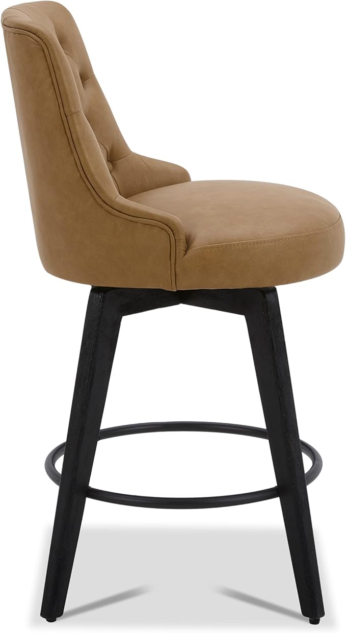 Watson & Whitely Modern Swivel Bar Stools, Faux Leather Upholstered Counter Height Bar Stools with Back, Solid Wood Legs, 26" H Seat, Set of 2, Cognac