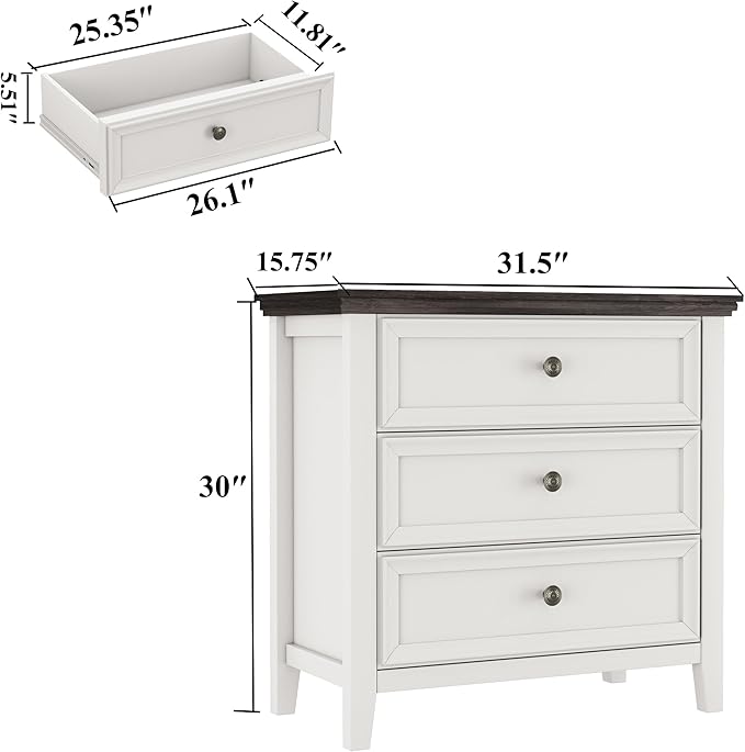Farmhouse 3-Drawer Dresser for Bedroom - 31.5" Wide 3 Chest of Drawers Storage Cabinet as Nightstand or Bedside Dresser（Antique White & Brown）