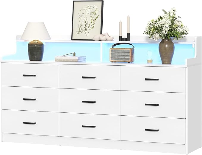 Bigbiglife 9 Drawer Dresser with Built in Power Outlet and LED Light, Modern Chest of Drawers for Bedroom, Triple Wide Drawer Organizer Cabinet for Living Room, Entryway, Hallway, Antique White