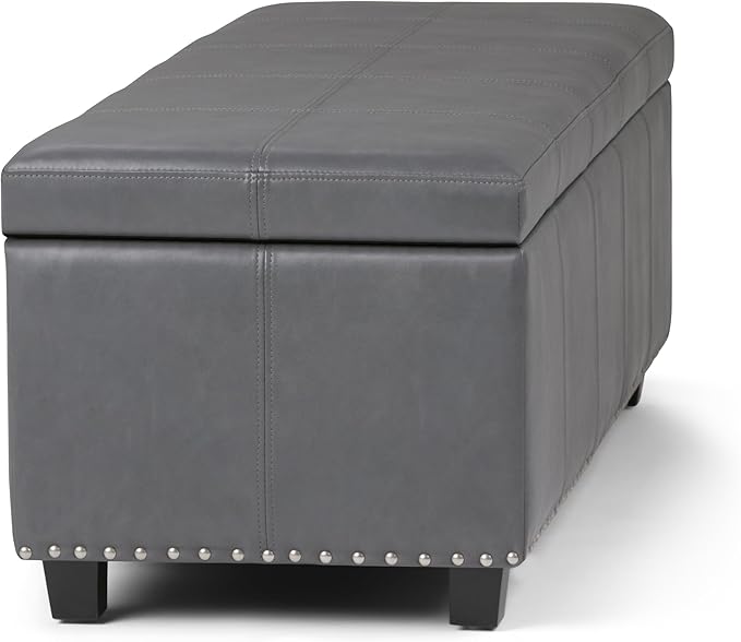 SIMPLIHOME Kingsley 48 inch Wide Transitional Rectangle Large Storage Ottoman in Stone Grey Vegan Faux Leather, Assembled, For the Living Room, Entryway and Family Room