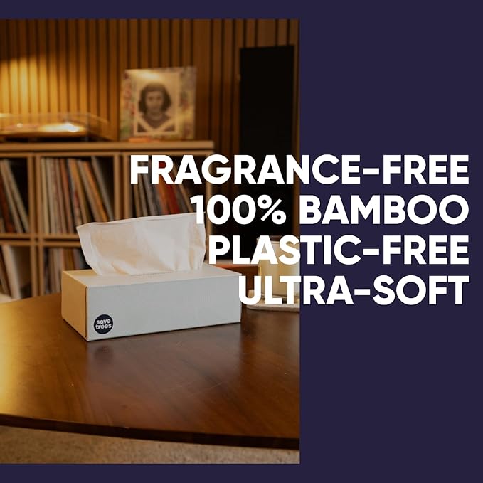 Save Trees Bamboo Facial Tissues - 12 Boxes of Eco-Friendly, 3-Ply Hypoallergenic Tissues, 90 Sheets per Box, FSC Certified, Plastic-Free Packaging, Soft & Gentle for Home Use