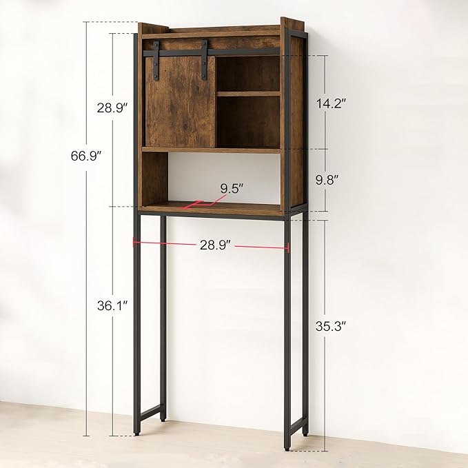 Over The Toilet Storage Cabinet, Behind Toilet Bathroom Organizer with Adjustable Shelves, Above Toilet Organizers with Barn Door, Space Saver for Restroom, Bathroom, Laundry, Rustic