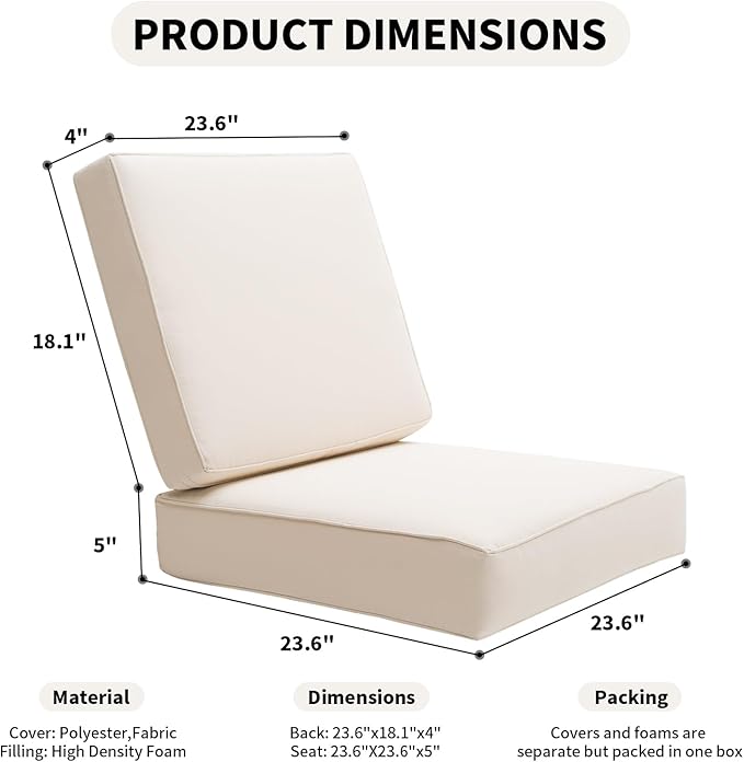 Outdoor Seat Cushions Set for Patio Furniture Deep Seating Patio Cushion Set Weather-Resistant Thick Cushions 23.6" W x 23.6" D x 5” T,Creamy White