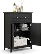 COSTWAY Bathroom Floor Cabinet, Wooden Side Storage Organizer w/Larger Drawer, Adjustable Shelf & 2-Door Cupboard, Freestanding Storage Cabinet for Living Room, Kitchen, Entryway (Black)