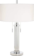 Possini Euro Design Cadence Modern Art Deco Style Column Table Lamp 30" Tall Chrome Silver Linear Clear Glass Rod White Drum Shade Decor for Living Room Bedroom House Bedside Nightstand Home Office