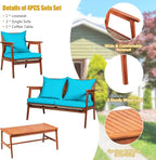 COSTWAY 4 Pieces Acacia Wood Patio Conversation Set, Outdoor Wicker Sofa with Coffee Table & Cushions, Patio Rattan Furniture Set for Yard, Porch, Poolside, Balcony, Backyard, Turquoise