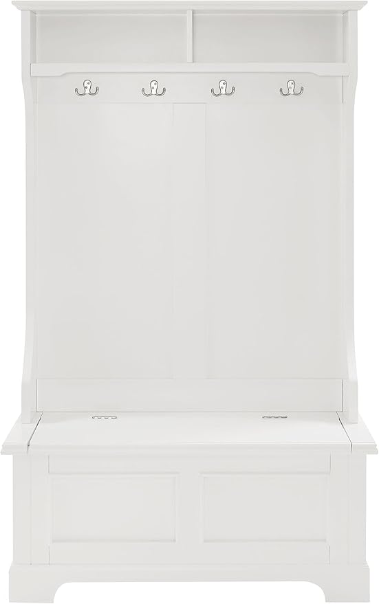 Crosley Furniture Campbell Hall Tree with Storage Bench and Coat Rack Hooks for Hanging, White