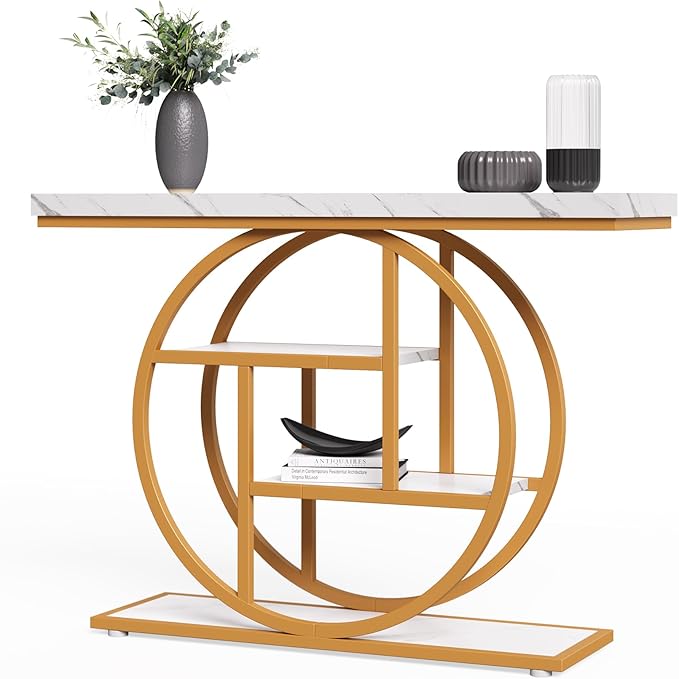 LITTLE TREE Console Table, 4-Tier Entryway Table Behind Couch Table, 41.3-Inch Modern Sofa Table for Living Room, Foyer Hallway Table for Entrance, White and Gold