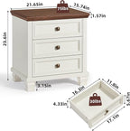 Farmhouse Nightstand with 3 Drawers, Rustic Couch End Table with 4 Square Solid Wood Legs, Mid-Century Modern Bed Side Table with Storage, Small Dresser for Bedroom, Living Room, White