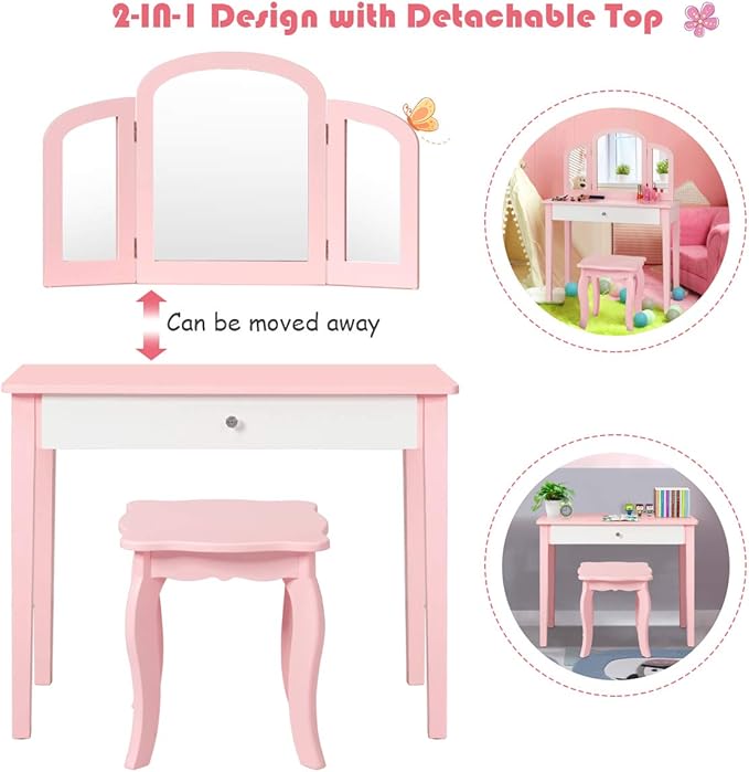 Costzon Kids Vanity, Girls Vanity Set with Tri-Folding Mirror, Stool, Storage Drawer, Princess Toddler Makeup Vanity Desk Dressing Table, Wooden Kids Vanity Table and Chair Set (Pink)