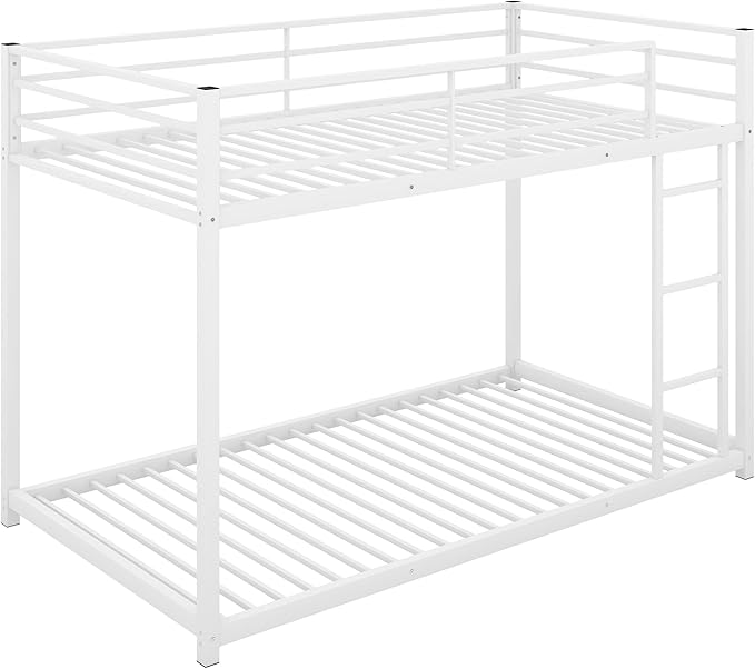 Twin Over Twin Metal Bunk Bed with Full-Length Guardrail,Low Bed Frame W/Ladder, Steel,No Noise,Bedroom Furniture for Children,Teens Adults,White