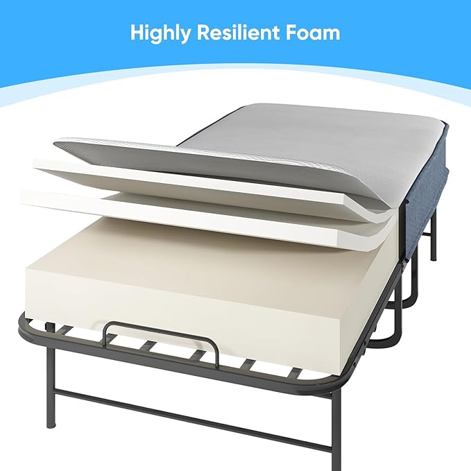 Mjkone Folding Bed with Mattress, 5 Inch Rollaway Bed for Adults, Fold Up Beds with Lockable Wheels, Sturdy Metal Fold Away Frame for Bedroom/Guest, Space Saving（75" x 31"）