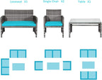 COSTWAY Patio Furniture Set 4 Pieces, Outdoor Wicker Chairs Sofa w/Coffee Table and Soft Cushions, Rattan Conversation Sets for Patio Lawn Backyard Yard Pool Garden, Turquoise