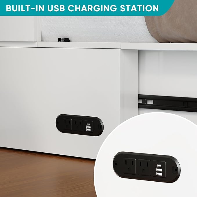 BALUS Full Size Cabinet Bed with Tri-Folding Mattress, 57’W Murphy Bed with USB Charging Station & 2 Storage Drawers, Full Murphy Cabinet Beds for Living Rooom, Apartment, Home Office, Bedroom-White