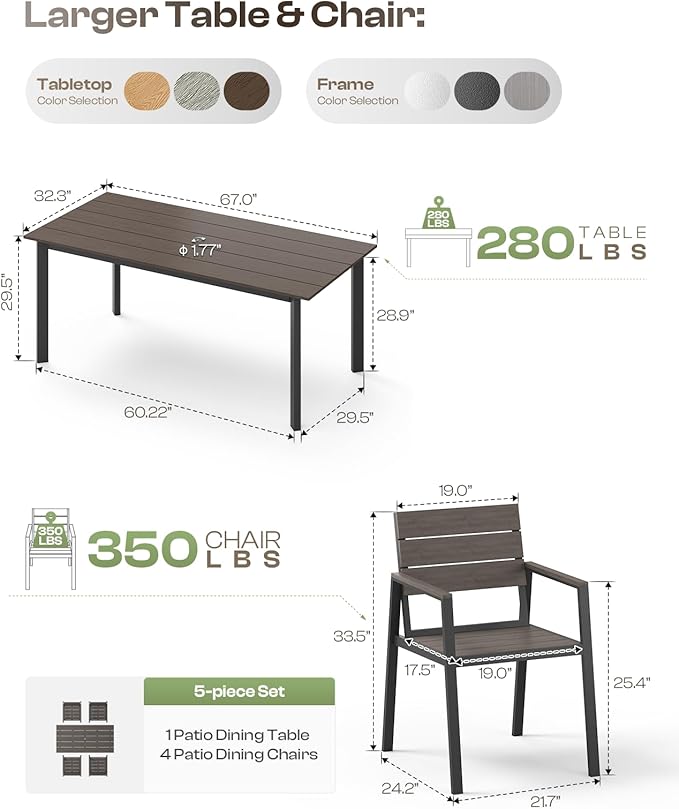 Aluminum Patio Dining Sets 5-Piece Outdoor Dining Sets with Umbrella Hole Wood-Like Table and Chairs, Outdoor Furniture Sets All Weather for Garden, Backyard, Lawn, and Poolside, Charcoal