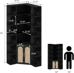 74" Tall Corner Bookshelf with 2 Arched Rattan Doors, 6-Tire L Shaped Bookcase with 16 Open Storage Shelves, Boho Large Corner Shelf with Cabinet for Living Room, Home Office