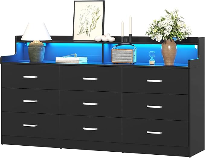 Bigbiglife 9 Drawer Dresser with Built in Power Outlet and LED Light, Modern Chest of Drawers for Bedroom, Triple Wide Drawer Organizer Cabinet for Living Room, Entryway, Hallway, Black
