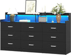 Bigbiglife 9 Drawer Dresser with Built in Power Outlet and LED Light, Modern Chest of Drawers for Bedroom, Triple Wide Drawer Organizer Cabinet for Living Room, Entryway, Hallway, Black