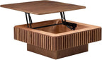 Square Lift-top Coffee Table for Living Room, Fluted Coffee Tables with Hidden Storage, Solid Wood Veneered Modern Tea Center Table for Small Space Apartment (Walnut-35.43''D×14.57''H)