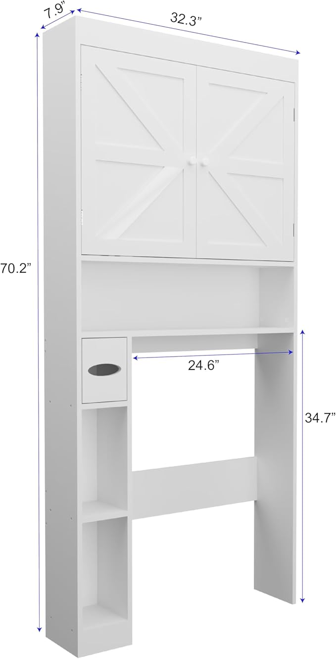 Over-The-Toilet Storage Cabinet - 2 Door Bathroom Organizer with Adjustable Shelves, Farmhouse Style Space-Saving Rack for Bathroom, Toilet, Laundry Room (White)