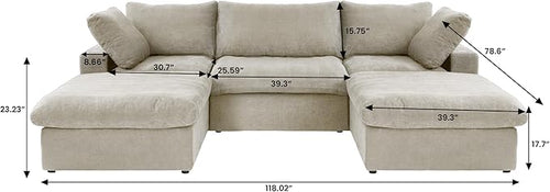 120" Cloud Modular Sectional Sofa with Storage Ottoman,Down Filled Comfort U Shaped Sofa Couch for Living Room,Minimalist Wide Deep Seat 5 Seater Convertible Couches for Office Apartment,Khaki