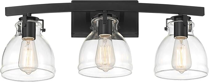 Possini Euro Design Bellis Modern Industrial Wall Light Black Hardwired 22 3/4" 3-Light Fixture Clear Curving Glass Shade for Bedroom Bathroom Vanity Living Room Home Hallway Dining Kitchen House