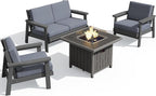 SERWALL Patio Furniture Set with 33” Fire Pit Table, HDPE Outdoor Sectional Sofa Set with Thickened Cushions, Grey Frame with Grey Cushions