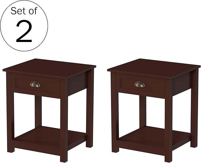 Lavish Home End Tables with Drawer - Set of 2 Sofa or Bedside Tables with Storage Shelf - Shaker Style Wooden Nightstand or Side Table Pair (Brown)