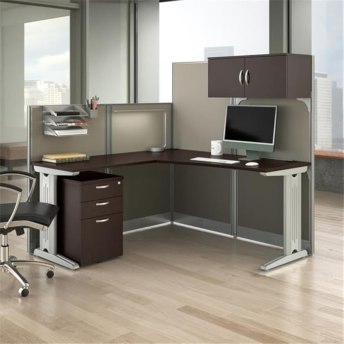 Bush Business Furniture Office in an Hour 65W L Shaped Cubicle Desk with Storage, Drawers, and Organizers in Mocha Cherry | Modern Computer Table Set with Privacy Panels for Commercial Workspace