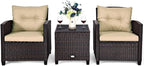 Tangkula 3 Pieces Patio Furniture Set, PE Rattan Wicker 3 Pcs Outdoor Sofa Set w/Washable Cushion and Tempered Glass Tabletop, Conversation Furniture for Garden Poolside Balcony (Beige)