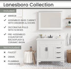 Hanover 36 Set Includes w, White Lanesboro 36'' Vanity Sink Combo for Bathroom, Powder Room | Pre-Assembled 2 Doors, 3 Drawers | Accent Mirror | Artificial Stone Countertop, Cabinet, 36 inches