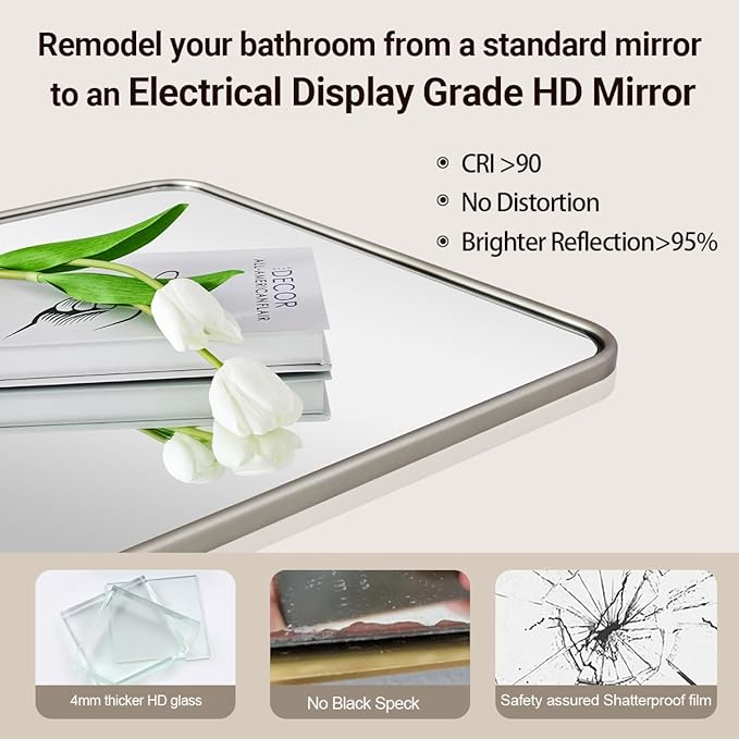ANDY STAR Mirror for Bathroom, 24x36 Inch Brushed Nickel Bathroom Rectangle Mirror for Wall, Modern Rectangular Thick Tube Metal Frame for Vanity Over Sink, Explosion-Proof Film, Horizontal/Vertical