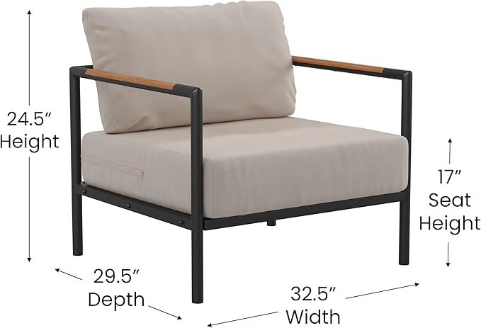 Flash Furniture Lea Indoor/Outdoor Patio Chair with Cushions - Modern Aluminum Framed Chair with Teak Accented Arms, Black with Beige Cushions